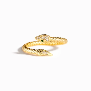 Minimalist gold snake ring in 925 sterling silver with green eyes and sparkling stones