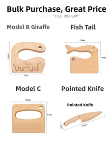 Detail view of four-piece wooden kids kitchen knife set with giraffe and fish shapes