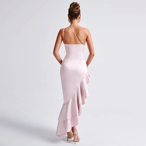 Rear view of pink satin one-shoulder dress with layered ruffles and backless detail