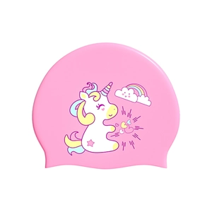 Pink silicone swim cap for kids featuring a cute cartoon unicorn and rainbow design