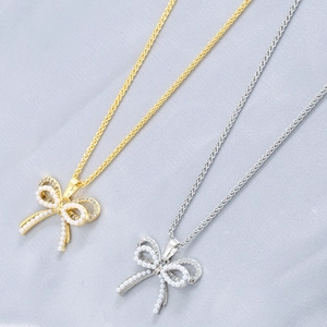 Elegant Bow Pendant Necklace For Women Copper With Artificial Pearl And Zircon Inlaid Sweet Niche Style Clavicle Chain Jewelry