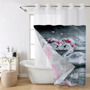 Close-up of dual white swans forming a heart on waterproof shower curtain fabric