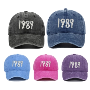 Detailed embroidery of 1989 on washed cotton baseball caps in multiple colors