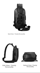 Detailed view of the anti-theft combination lock and USB port on black men chest bag