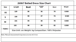 Größentabelle für ärmelloses Maxi-Kleid mit V-Ausschnitt, Gürtel und Stoff-Informationen