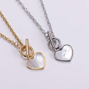 Elegant heart pendant necklace set with natural mother of pearl and stylish OT toggle clasp