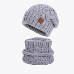 Women's grey winter cable knit beanie hat and neck warmer scarf set with sport patch