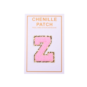 Detailed pink chenille letter Z patch with gold glitter edge and adhesive backing