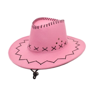 Pink suede cowboy hat detail showing black heavy stitching and adjustable chin strap