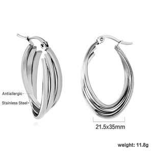 Modern triple-intertwined silver stainless steel earrings with 21.5x35mm oval drop design