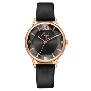 Fashionable Tadi women's quartz watch with black leather strap and Roman numerals