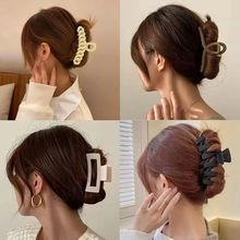 Collage showing various matte plastic hair claws in white, black and brown on a model
