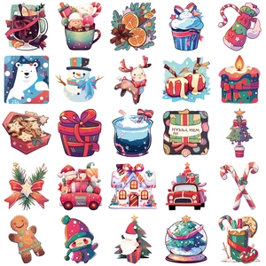 Set of 50 cartoon Christmas stickers featuring Santa, reindeer, and trees for DIY gifts