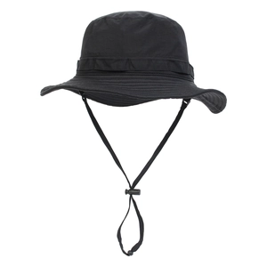 Detail of waterproof black outdoor sun hat with adjustable drawstring and wide brim