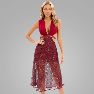 Robe De Soirée À Paillettes Bordeaux Col En V Profond Sans Manches Taille Évidée Robe De Fête Sexy Pour Femmes