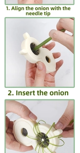 Detail showing the two-step process for inserting scallions into the slicing blade tool