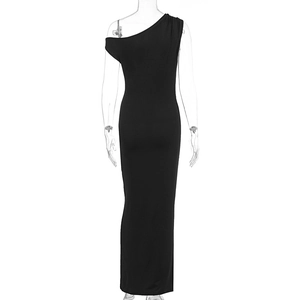 Detail of the elegant black one-shoulder maxi dress with side slit and ruching detail