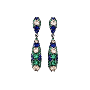 Vintage style drop earrings with zircon crystals in blue and green on dark metal finish