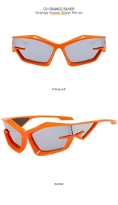 Front and side views of orange futuristic Y2K cat-eye sunglasses with silver lenses