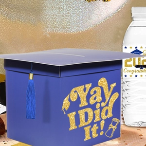 Blue graduation cap card box with gold Yay I Did It glitter text for party decor