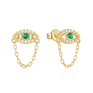 Detailed shot of S925 silver earring featuring a green stone eye and clear crystals