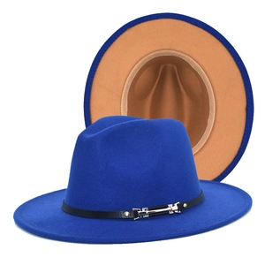 Classic royal blue fedora hat with khaki interior lining and black belt buckle detail