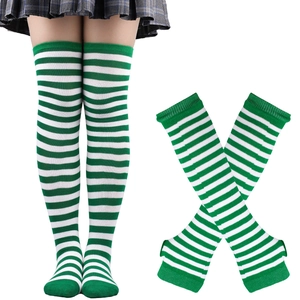 Detail of green and white striped over-knee socks and arm warmers for St. Patrick's Day