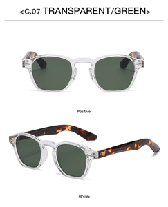 Detail view of transparent sunglasses with green lenses and tortoise temples