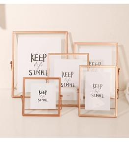 Set of minimalist rose gold geometric metal frames with floating glass and white mats