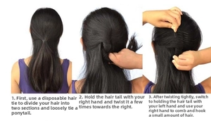 Three-step hair styling tutorial for creating a bun using a black plastic updo tool