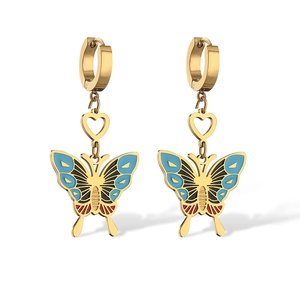 Gold titanium butterfly earrings with colorful drip oil enamel on white background