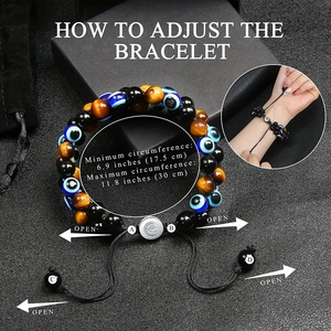 Adjustable 8mm evil eye tiger eye stone bracelet for men with 3-layer braided design