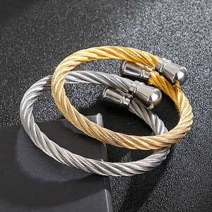 Punk style twisted wire rope cuff bracelet in gold and silver finish for men