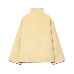 Pale yellow cropped wool-textured jacket with high neck and black contrast stitching back view