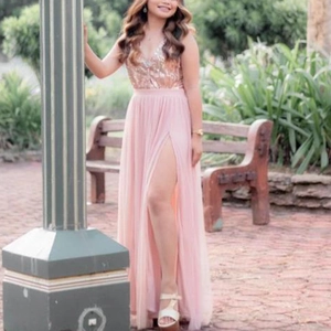 Sparkly rose gold sequin and pink mesh evening dress with high side slit and backless style