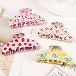 Fresh fruit print hair claws in strawberry and lemon patterns for elegant hair styling