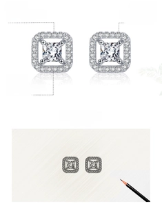 Macro detail of S925 sterling silver square halo stud earrings with 5A grade cubic zirconia