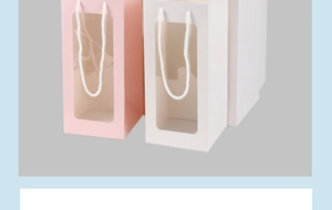 Detailed view of pink and white gift paper bags with clear display window and rope handles
