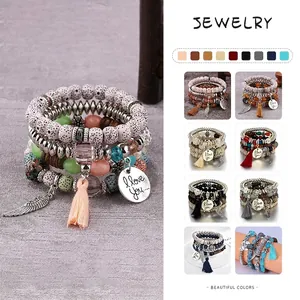 Bohemian Multi-layer Beaded Bracelets Alloy Wood Synthetic Stone Tassel Wing Charm I Love You Pendant Vintage For Women