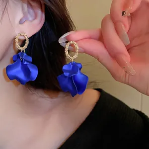 Retro deep blue matte petal drop earrings with gold textured ring studs for women