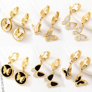 Butterfly Charm Hoop Earrings 18K Gold Plated Stainless Steel With Natural Shell And Rhinestones Fashion Jewelry For Women