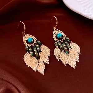 Böhmische Tropfenohrringe Türkis Stein Kupfer Blattanhänger Mit 925 Sterling Silber Ohrstecker Vintage Ethnischer Schmuck