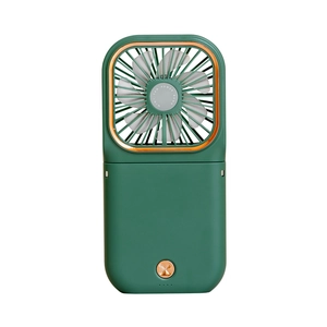 Portable USB rechargeable dark green handheld fan with power bank function and foldable stand