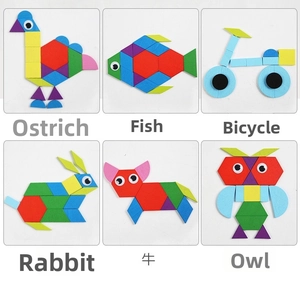 Creative wooden pattern blocks showing animal shapes like ostrich, fish, and owl for kids