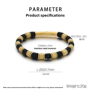 Detail showing dimensions of men's black braided leather and gold stainless steel bracelet