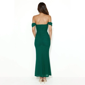 Elegant dark green off-shoulder backless maxi dress with ruched detail and rear zipper