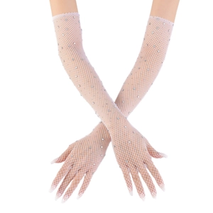 Close-up of white long fishnet gloves with sparkling rhinestones and elastic mesh