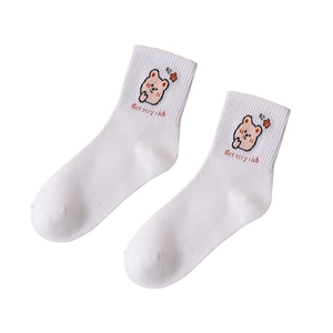 White cotton mid-calf socks with cute cartoon bear embroidery and Get very rich text