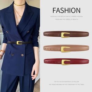 Women Vintage Genuine Leather Belt Retro U-Shaped Alloy Buckle Thin Waistband For Dress Suit Elegant Ladies Accessory