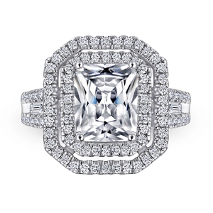 Luxurious S925 silver radiant cut faux diamond ring with double halo and side stones